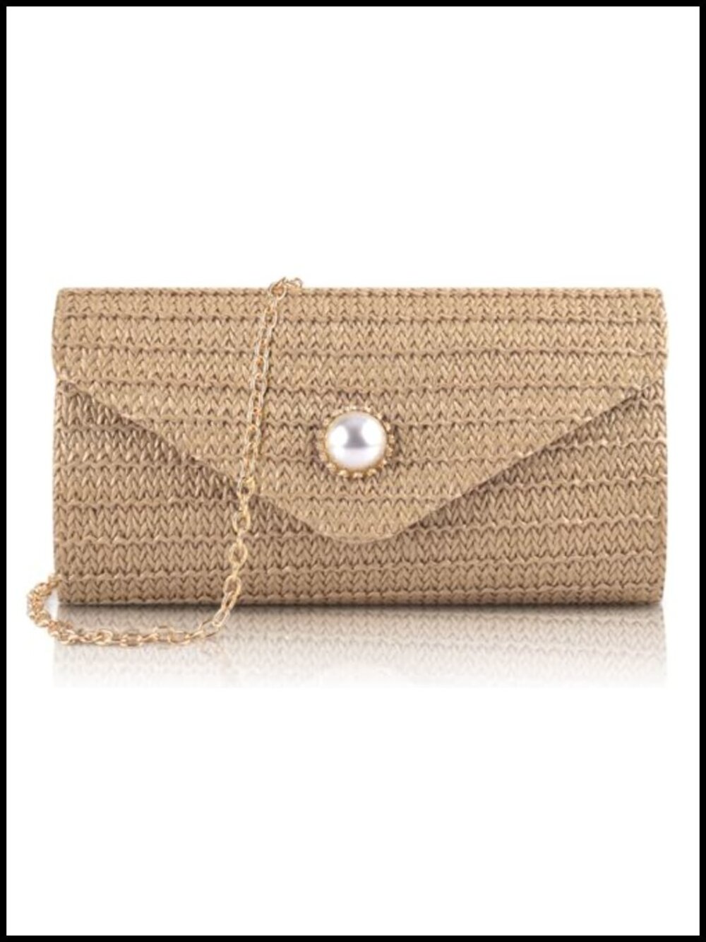Straw Woven Clutch Purse with Pearl Decoration, Detachable Chain, Boho
